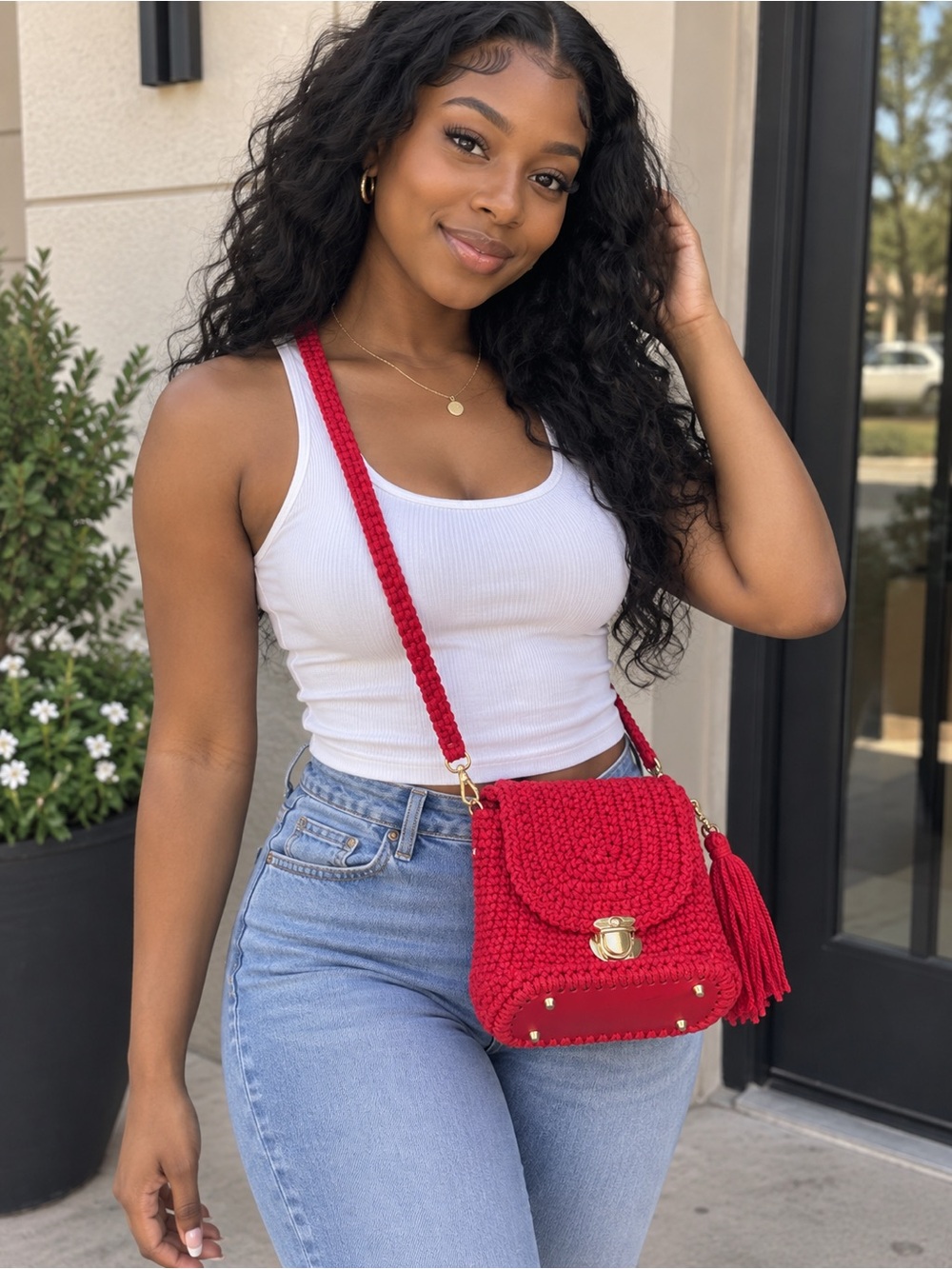 Handcrafted Red Crochet Crossbody Bag with Tassel Accent